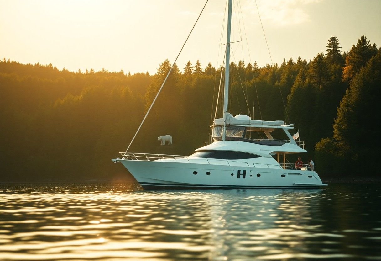 Golden Yacht White motor yacht on calm water in golden light with wooded shoreline behind.