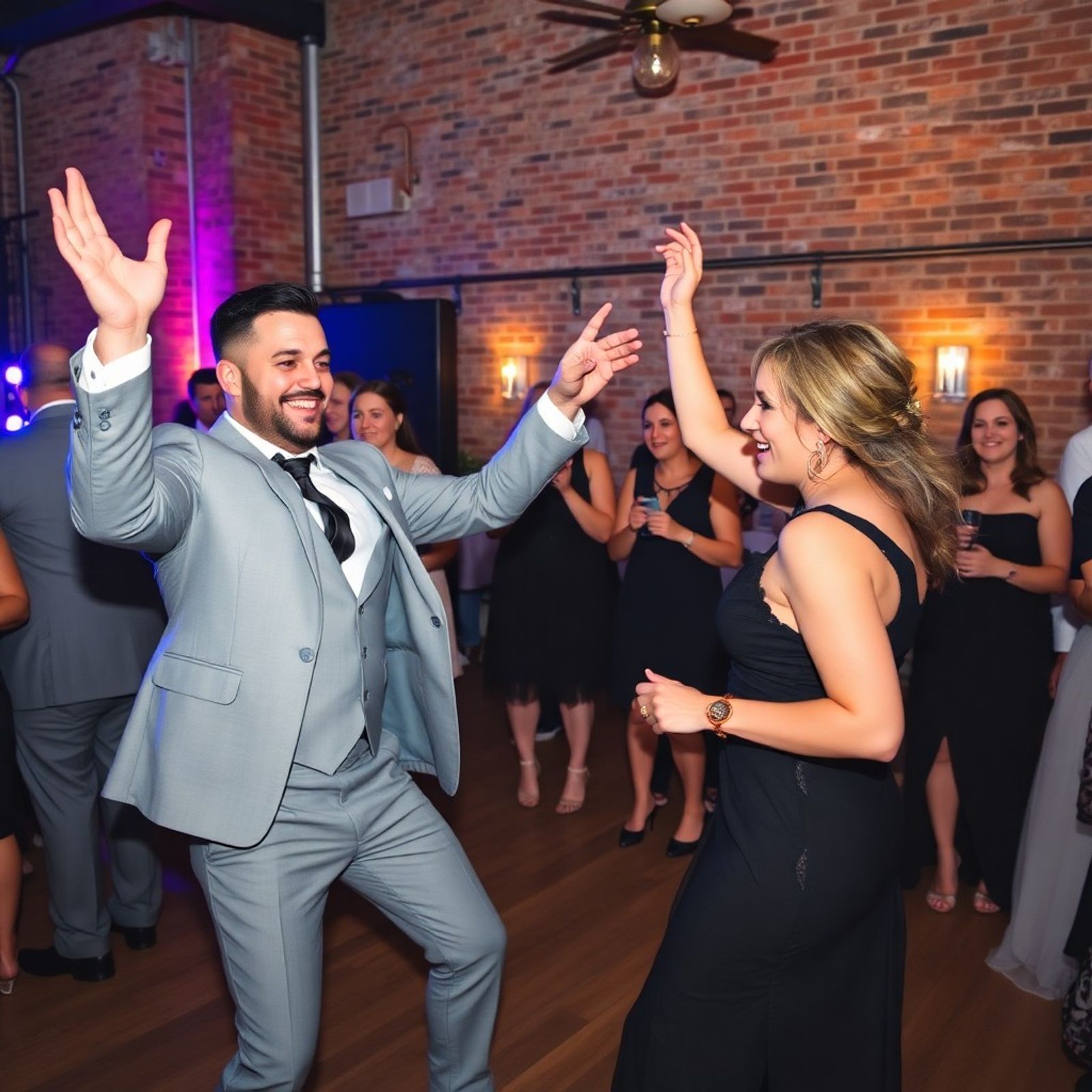 Man in a light suit dancing with raised arms among other people indoors.