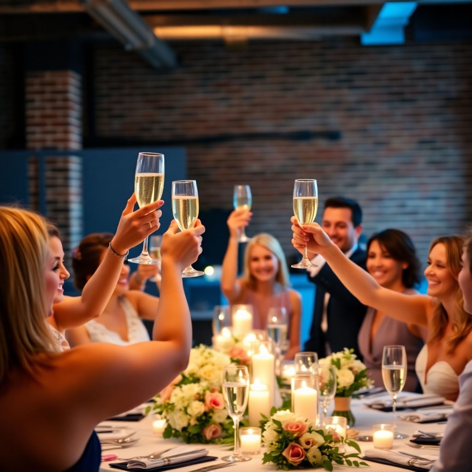 People seated around a flowered table raise champagne glasses in a toast.