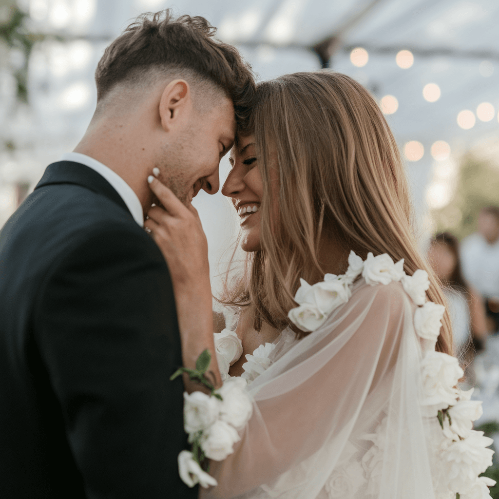 Outdoor Forehead Portrait Close portrait of a couple in formal clothing touching foreheads outdoors.