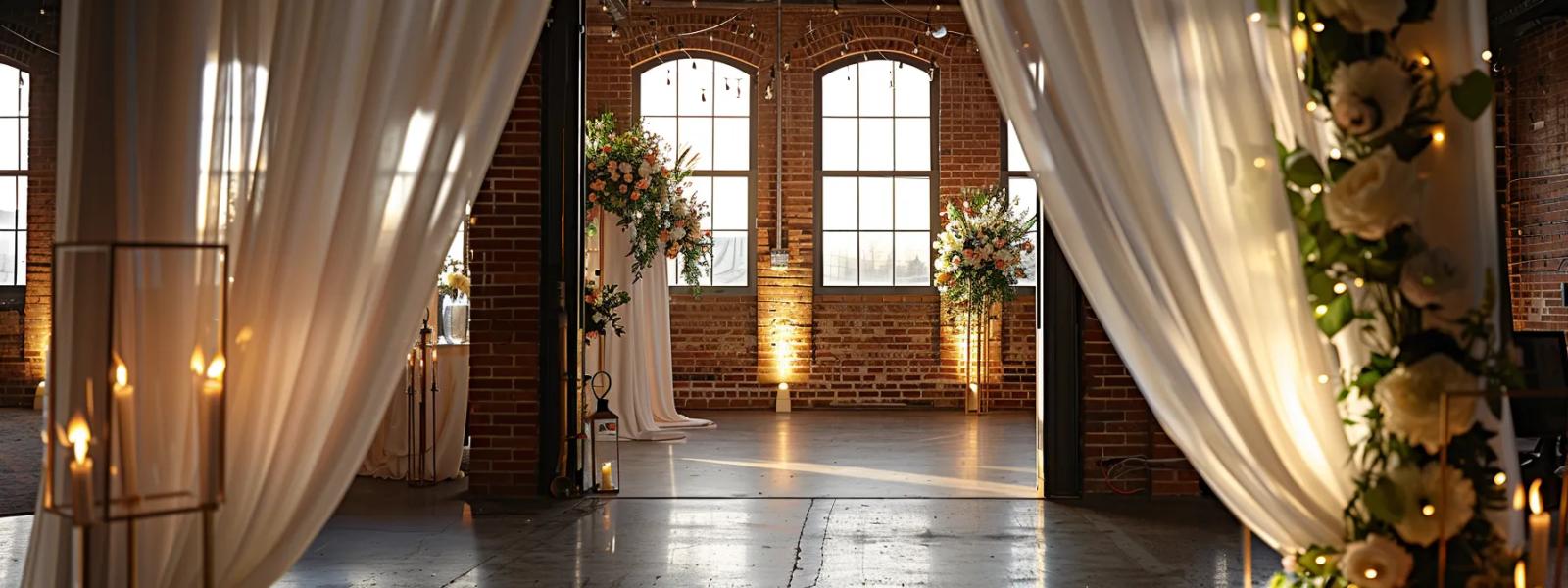 Draped Brick Room Empty brick event room framed by white drapes, flowers, and tall windows.
