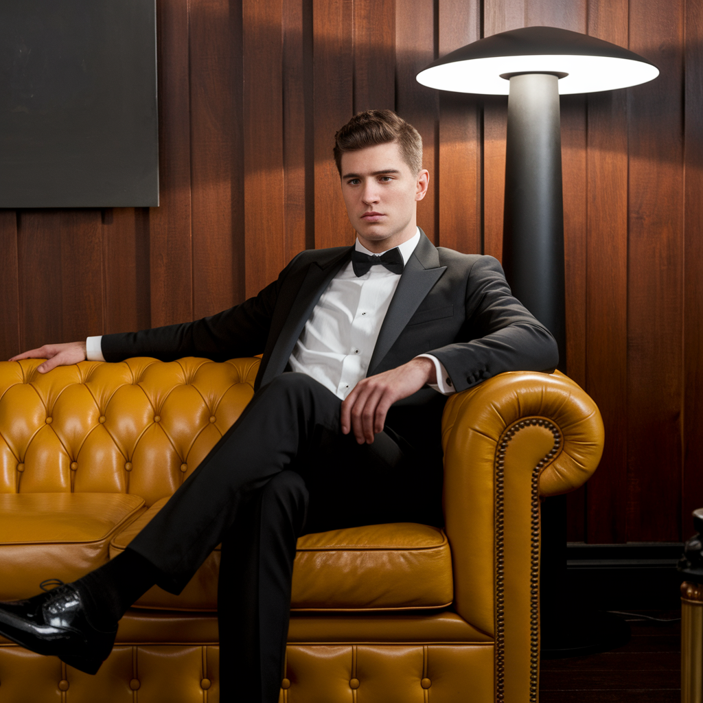 Tuxedo Portrait Man in a tuxedo seated on a mustard leather sofa in a wood-paneled room.