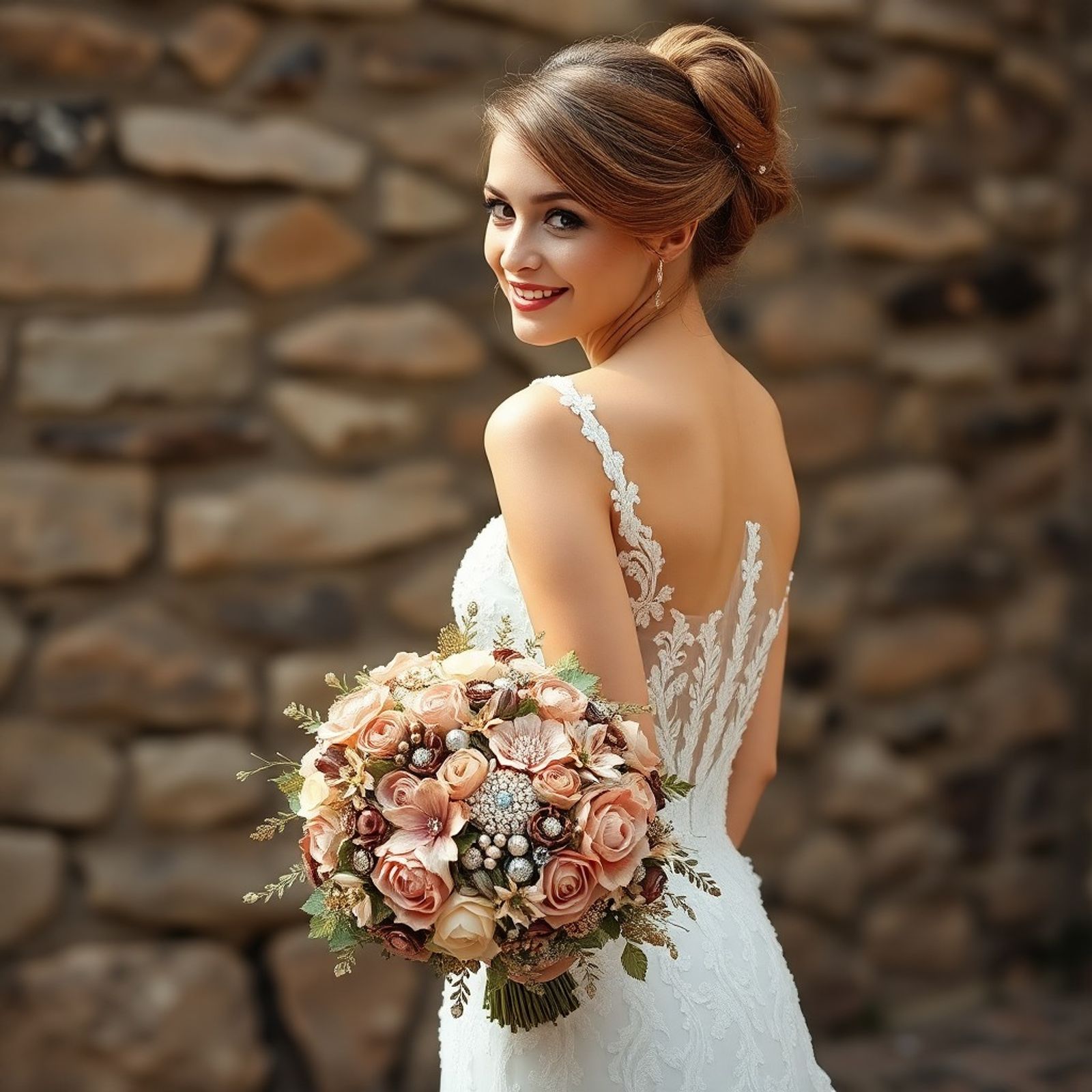 Person in a white formal dress holding a bouquet and looking back beside a stone wall.
