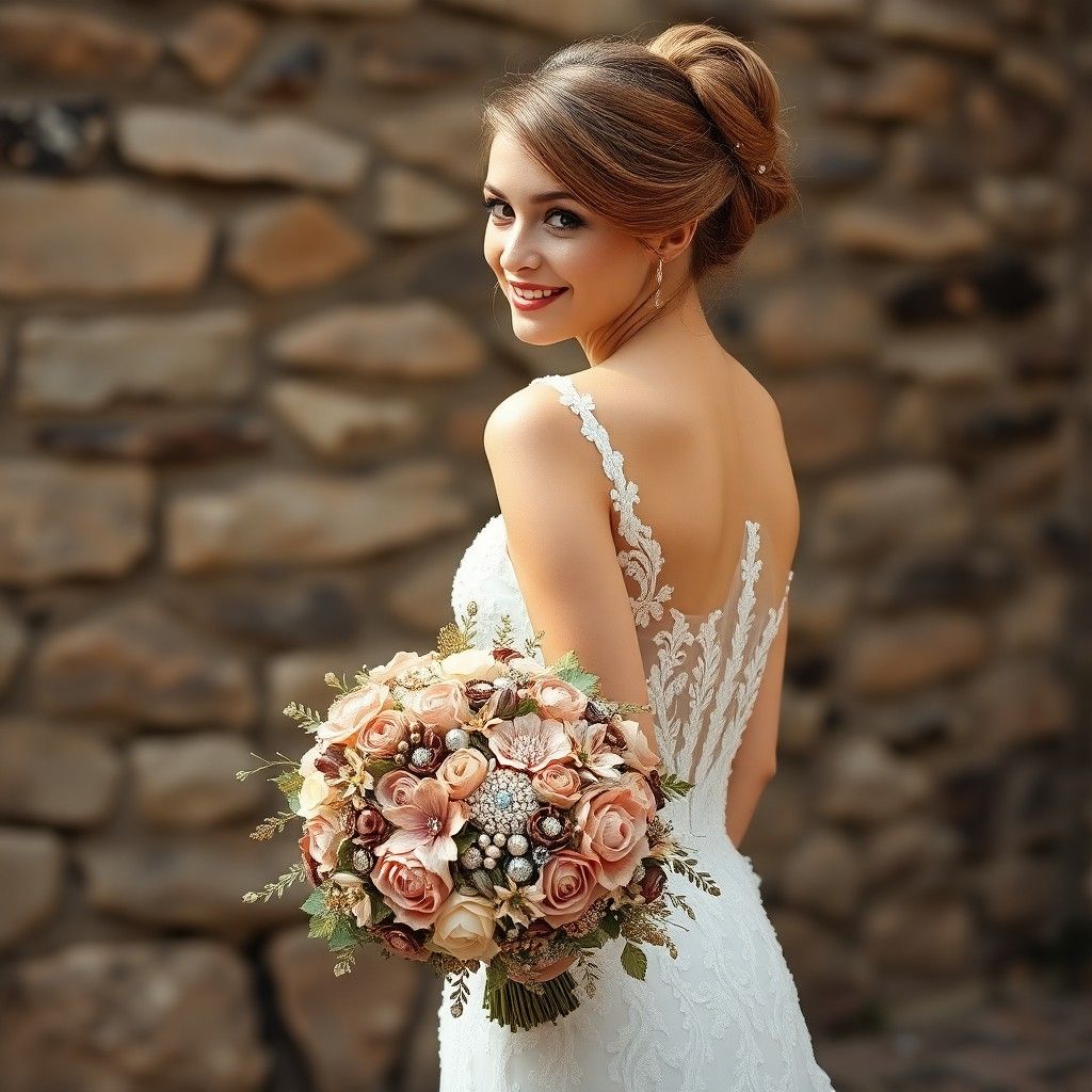Bouquet Portrait Person in a white formal dress holding a bouquet and looking back beside a stone wall.