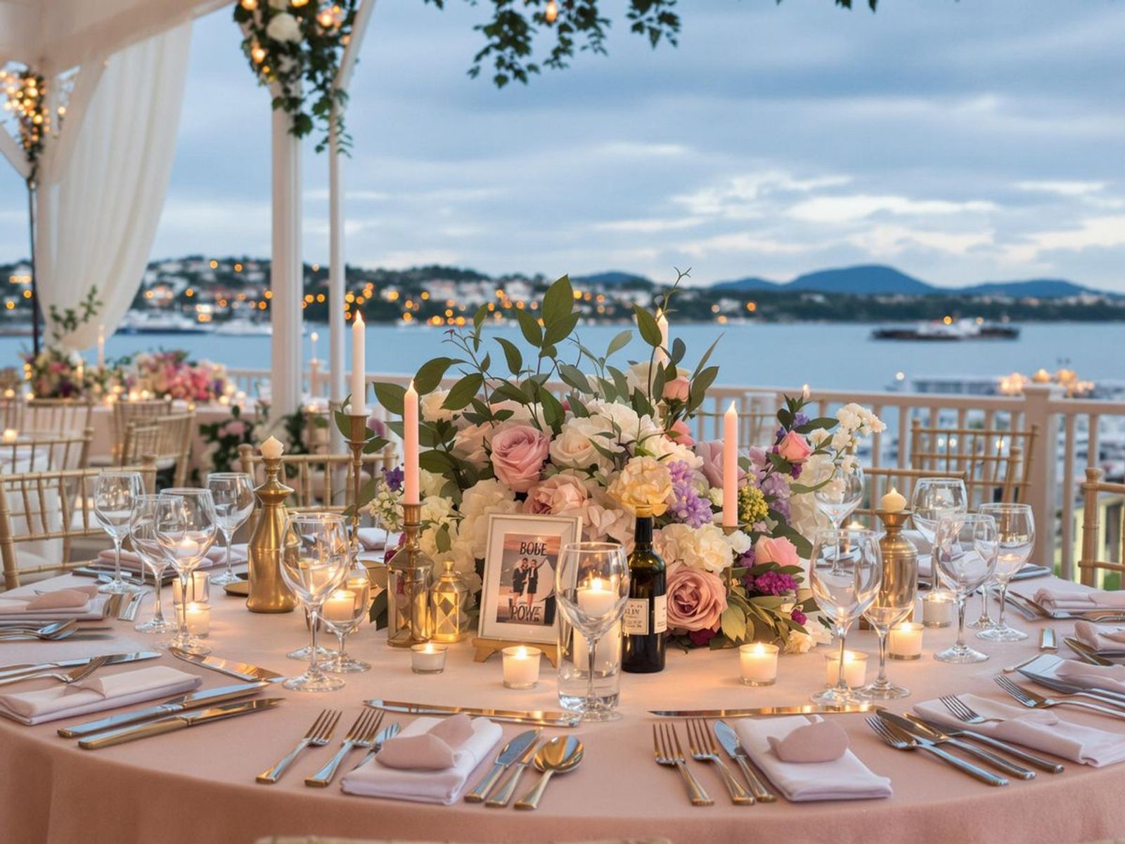 Decorated dining table overlooking water and hills beneath a pale sky.