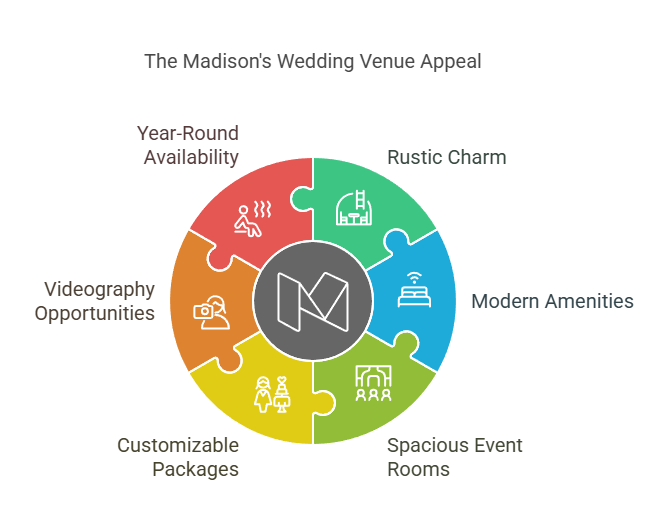 Venue Appeal Circular infographic lists six features of a wedding venue.