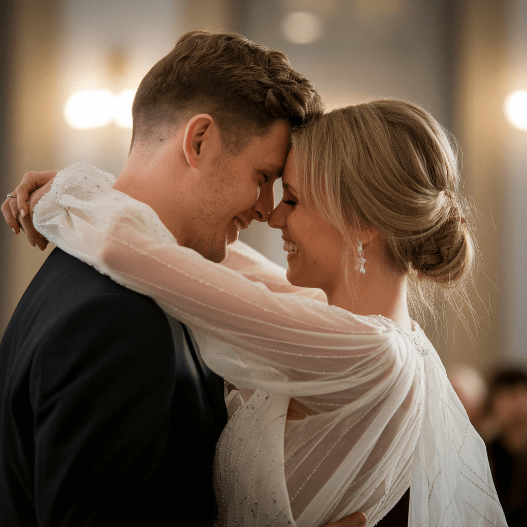 Smiling Forehead Portrait Close portrait of a smiling couple in formal clothing touching foreheads indoors.