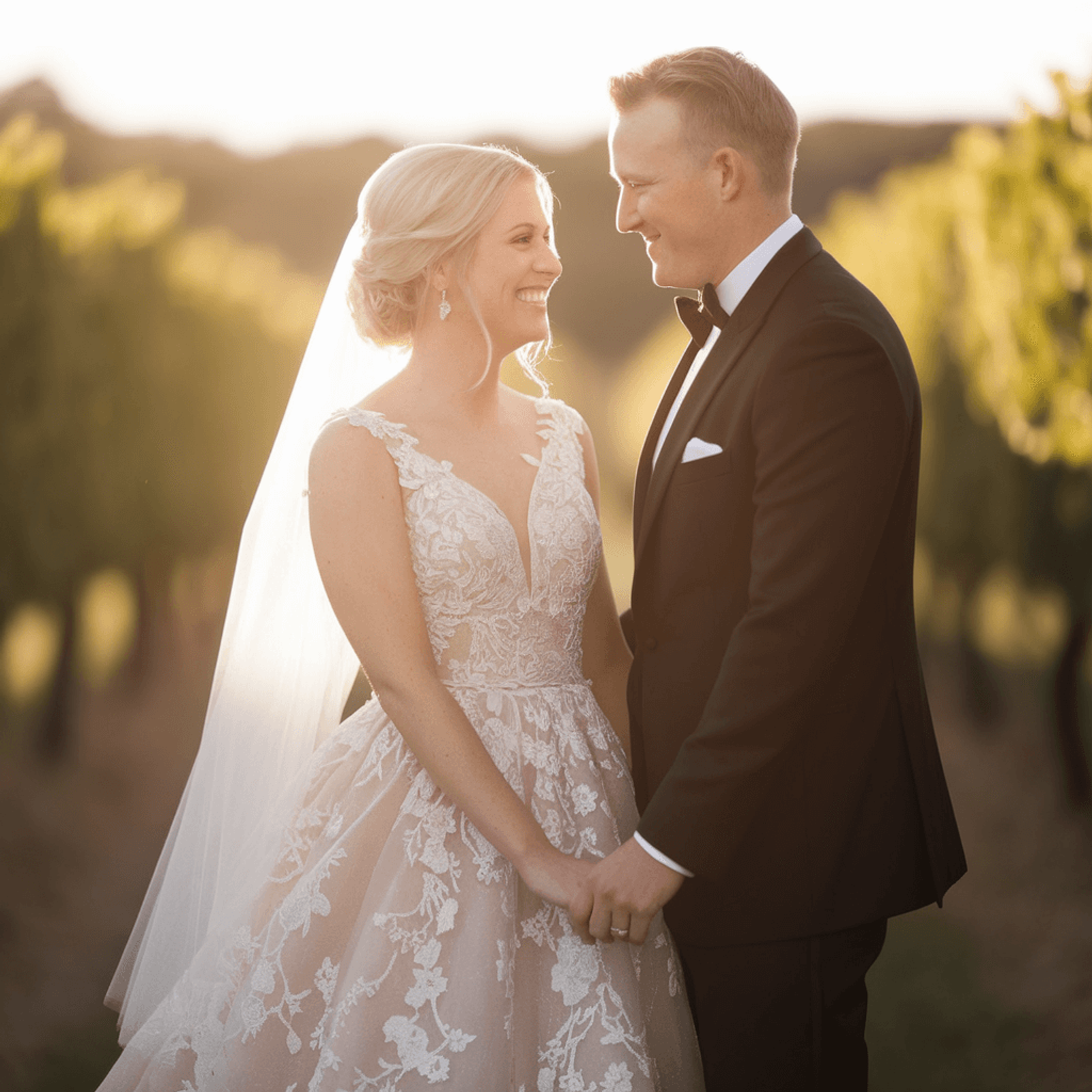 Couple in formal clothing standing together outdoors in warm sunlight.