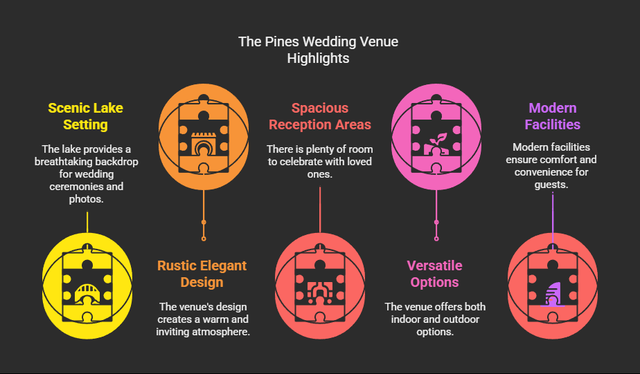 Venue Highlights Dark infographic lists five wedding venue highlights in colored icon panels.