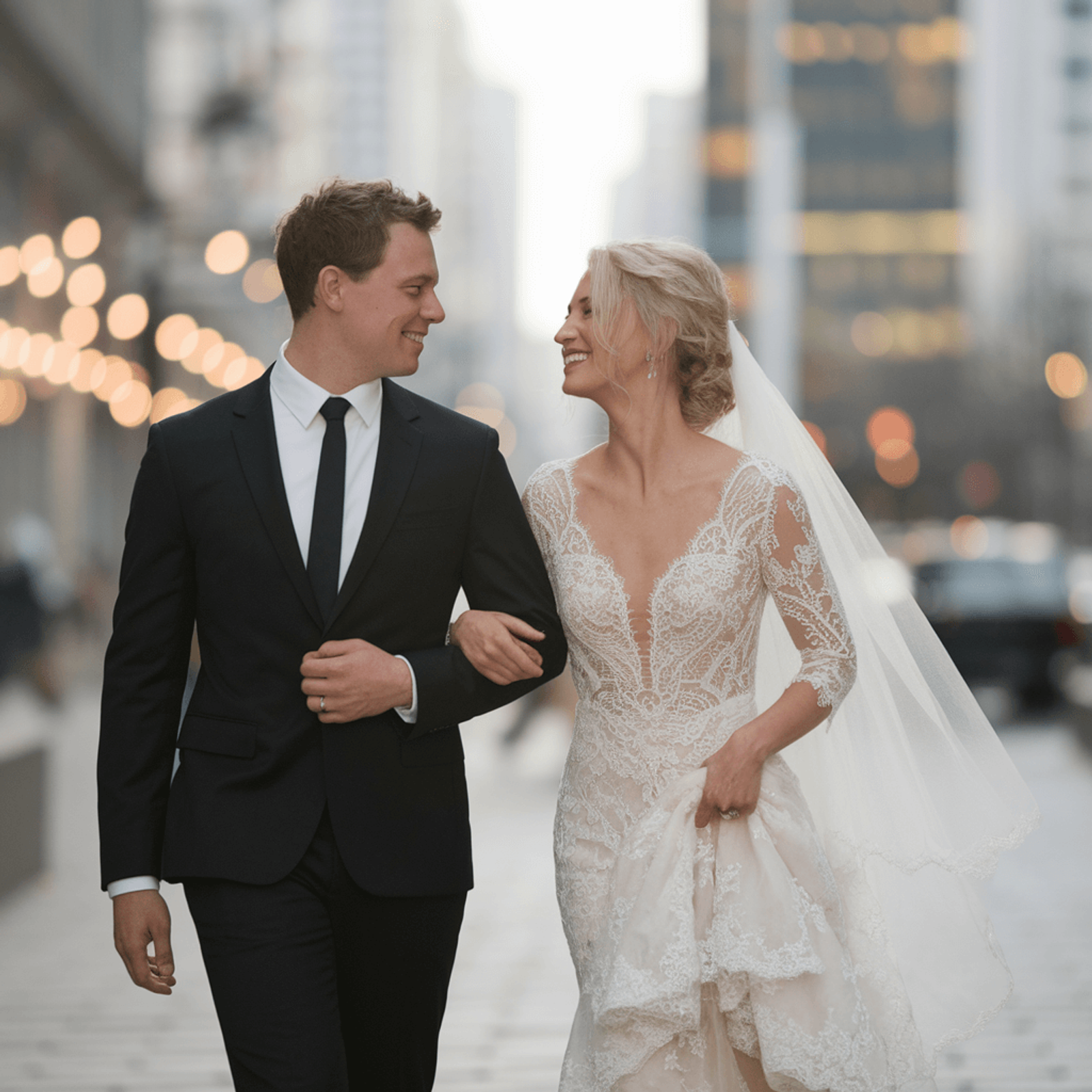 Couple in formal clothing walking arm in arm along a city street.