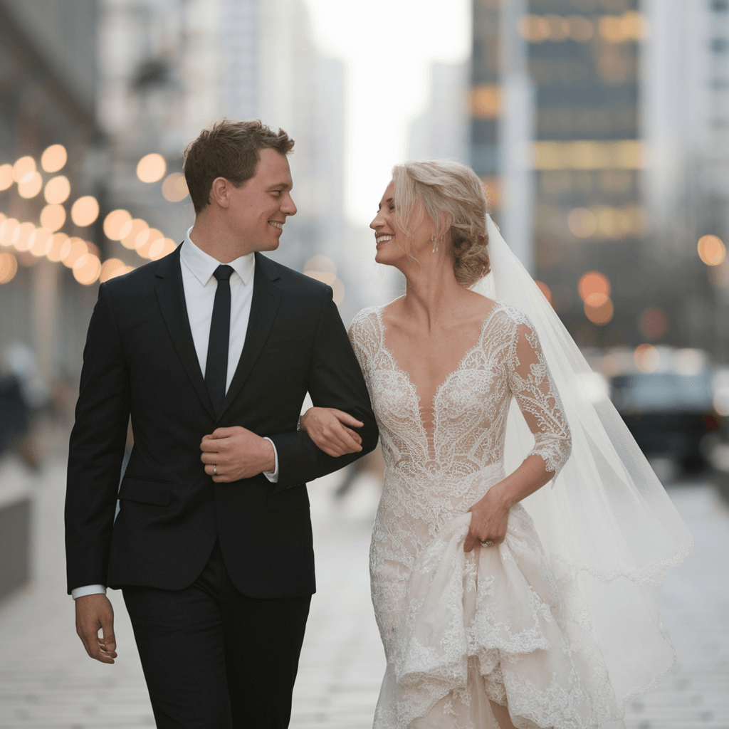 City Walk Couple in formal clothing walking arm in arm along a city street.