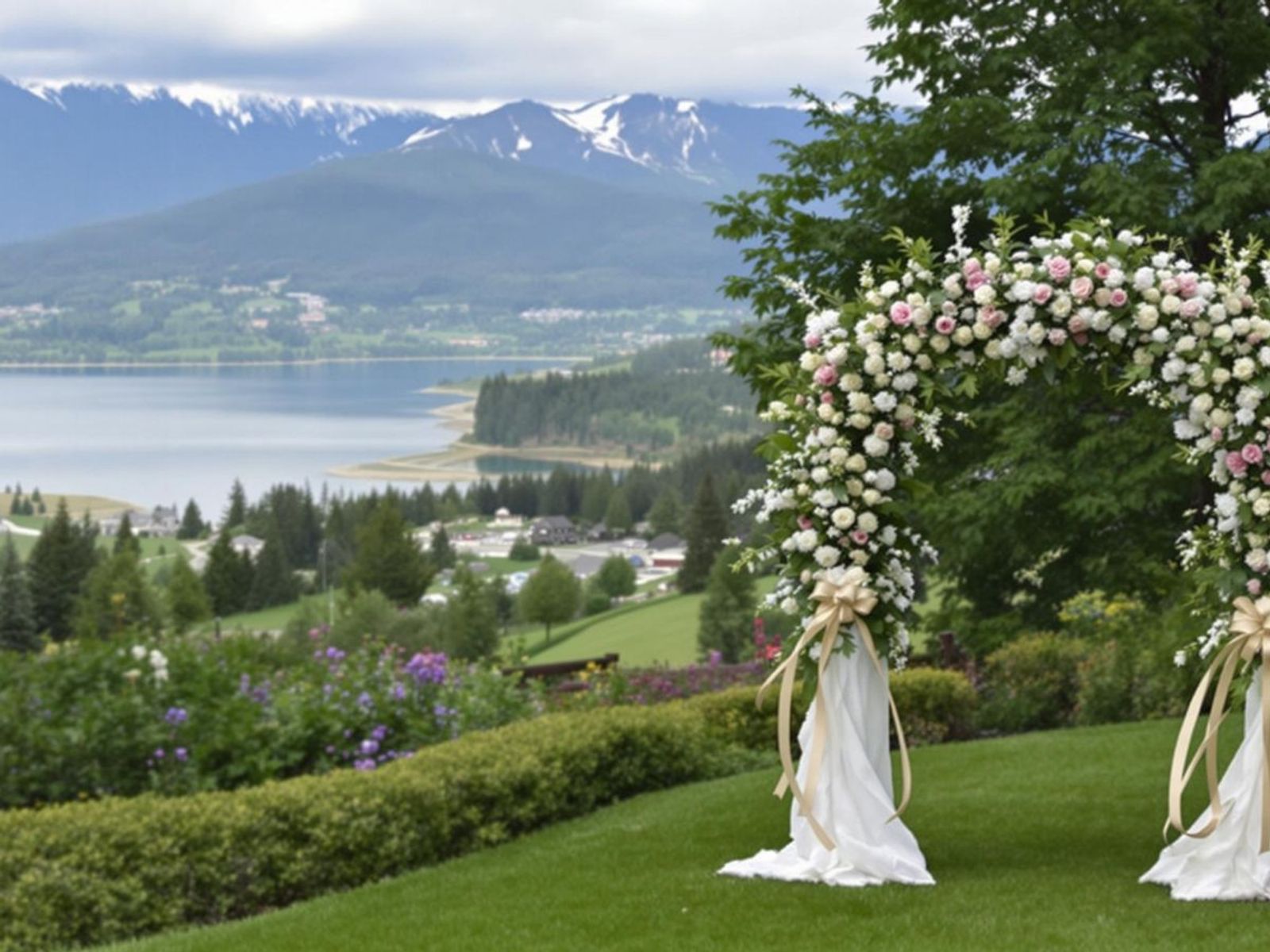 Outdoor ceremony arch covered in flowers overlooks water, trees, and mountains.