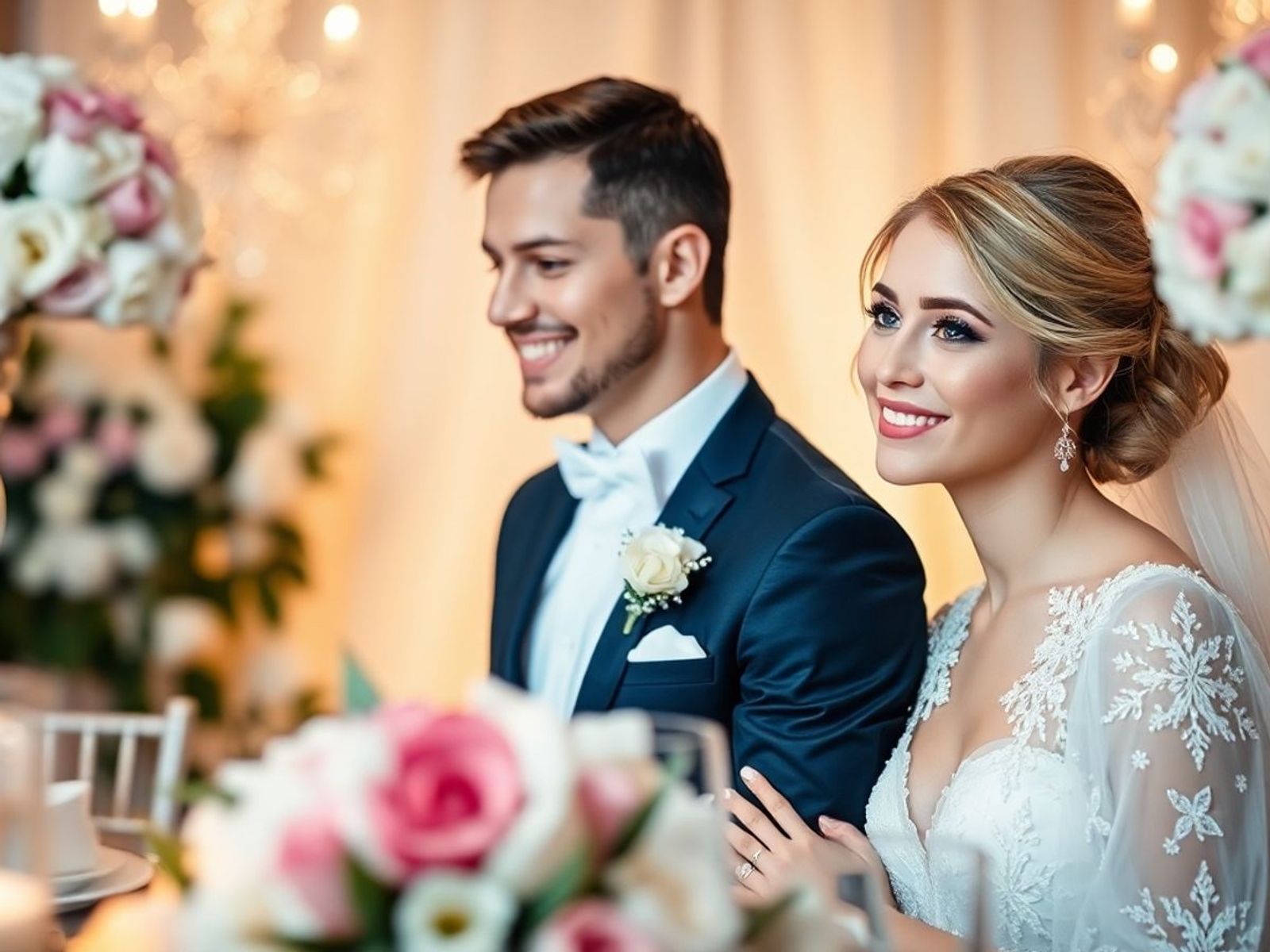 Couple in formal clothing standing side by side in a flowered indoor room.