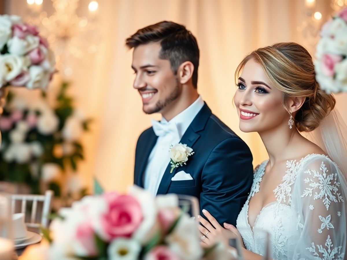 Indoor Couple Portrait Couple in formal clothing standing side by side in a flowered indoor room.