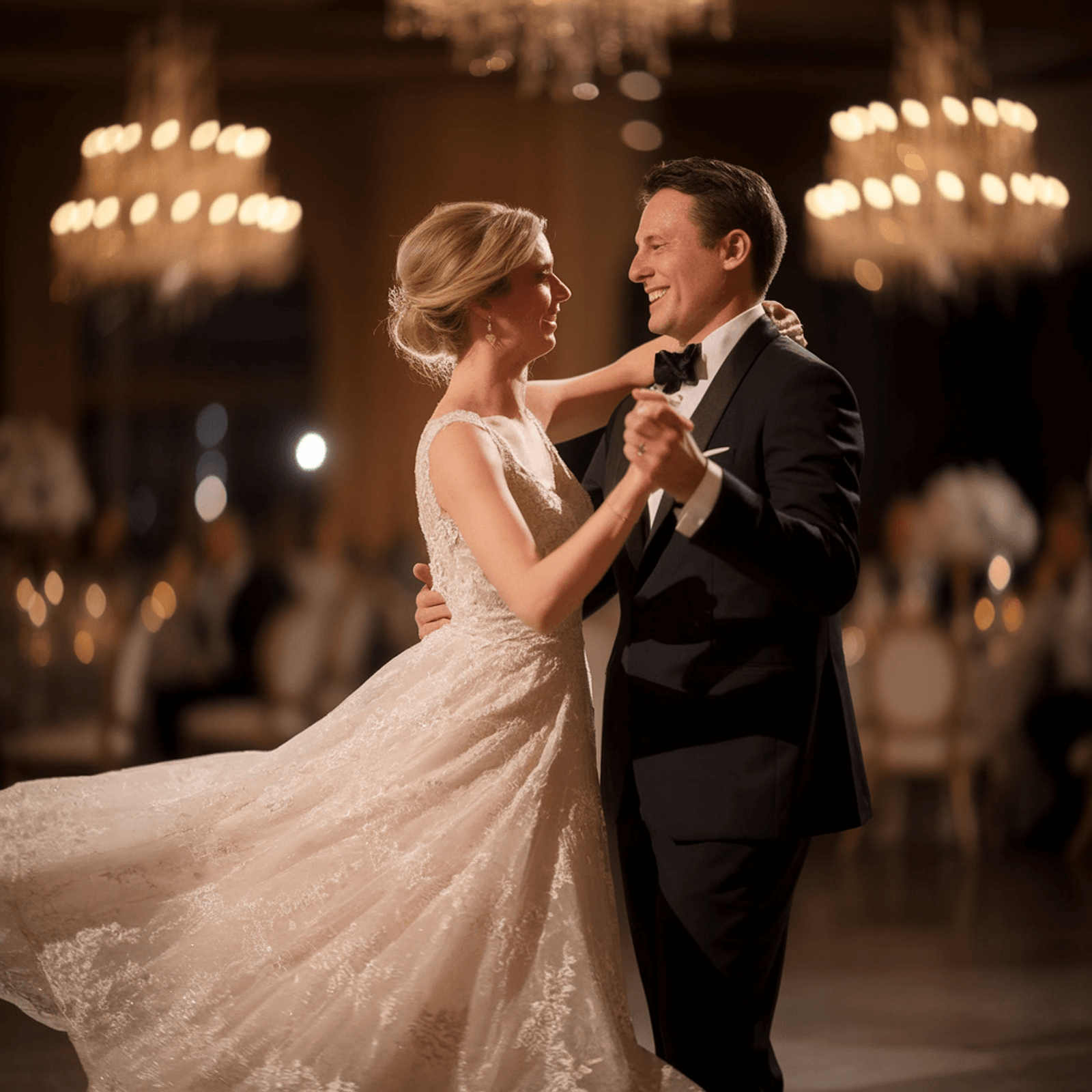 Couple in formal clothing dancing beneath warm chandeliers.