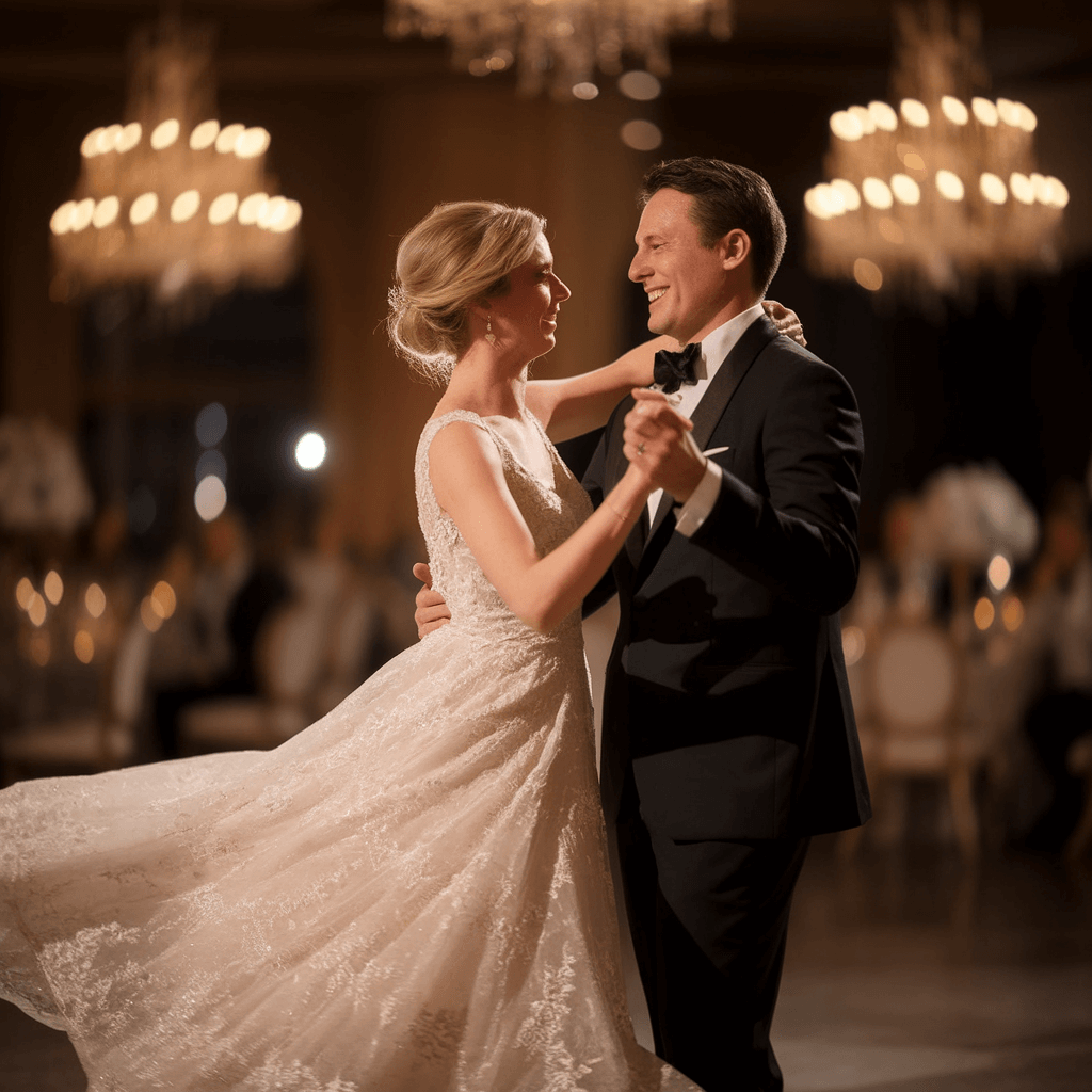 Chandelier Dance Couple in formal clothing dancing beneath warm chandeliers.