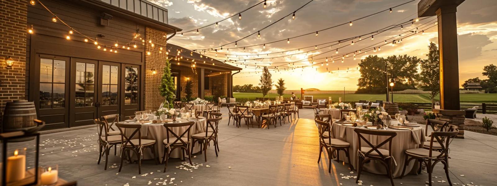 Outdoor patio arranged with tables beneath string lights beside a building.