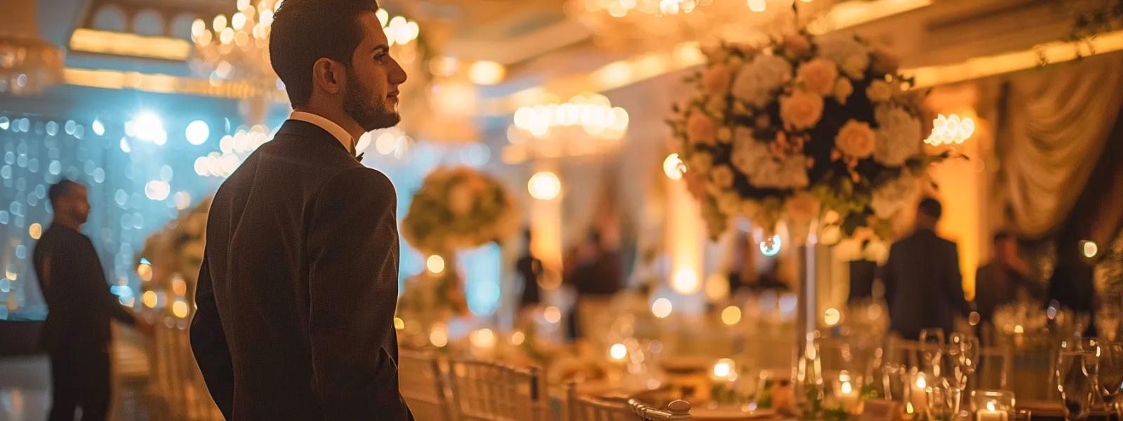 Man in dark clothing walking through a warmly lit reception space with tables and flowers.