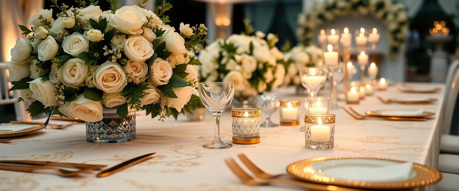White Floral Table Long dining table set with white flowers, candles, plates, and gold chargers.
