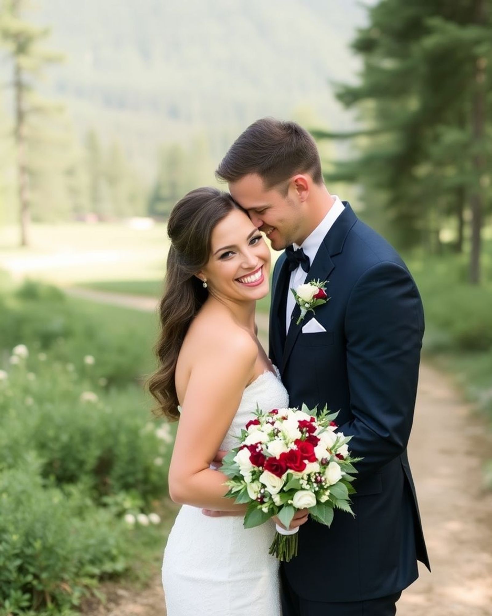Couple in formal clothing embracing outdoors among trees and mountains.
