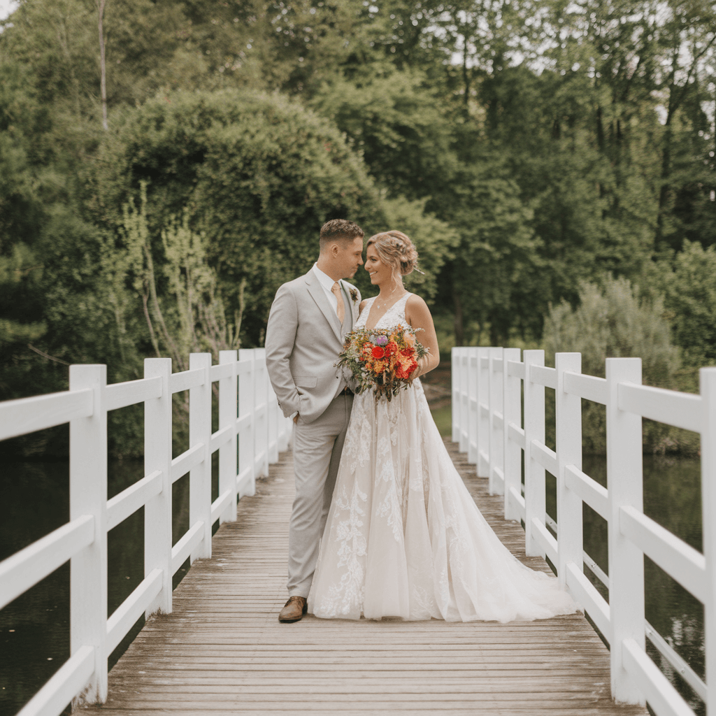 White Bridge Portrait Couple in formal clothing embracing on a white footbridge.