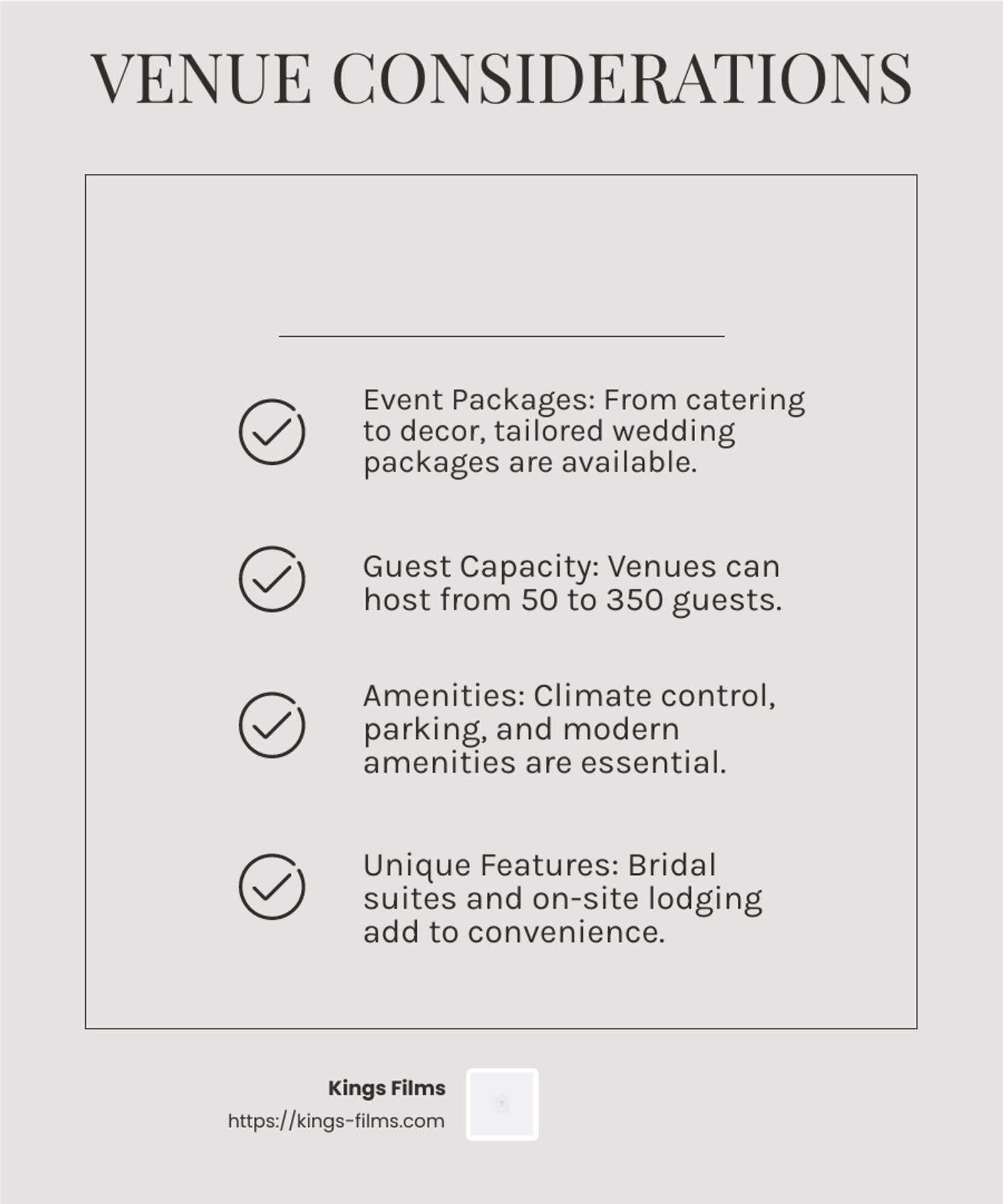 Checklist infographic covers event packages, guest capacity, amenities, and unique features.