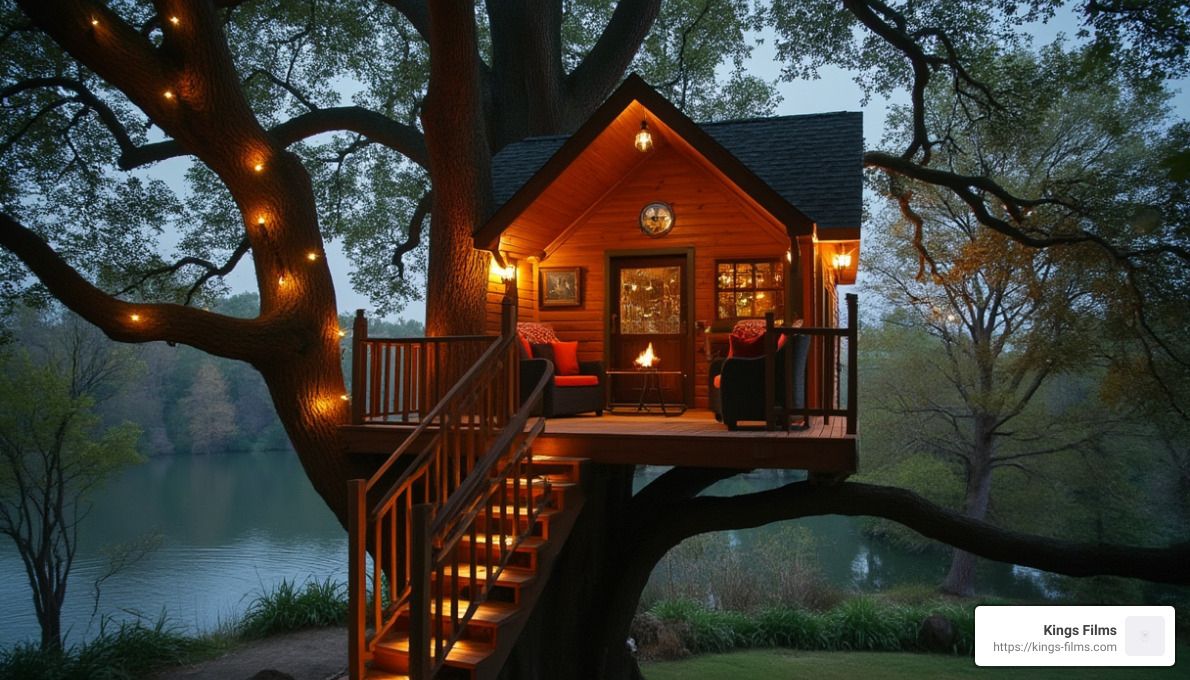 Lakeside Treehouse Lit wooden treehouse beside a lake among large trees at dusk.