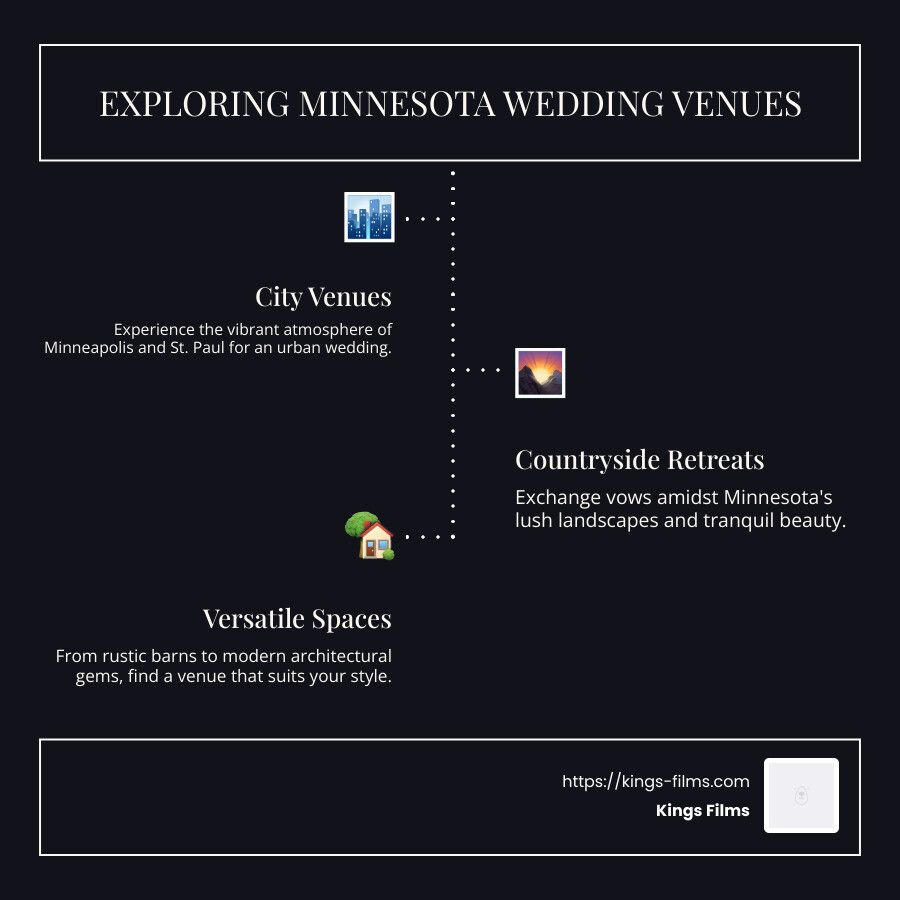 Infographic detailing Minnesota wedding locations breakdown: City Venues, Countryside Retreats, Versatile Spaces - minnesota destination wedding locations infographic infographic-line-3-steps-dark