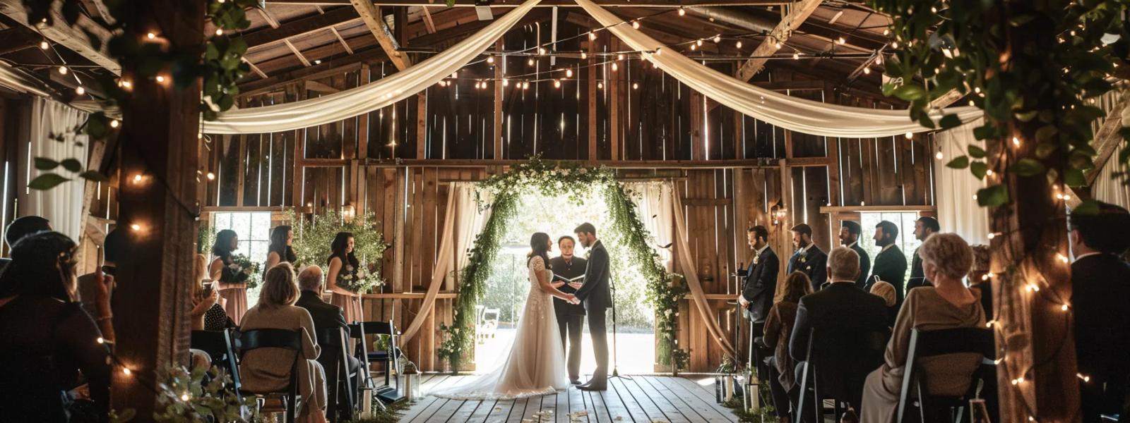 Indoor Ceremony Arch Couple standing beneath a draped floral arch inside a room of seated people.