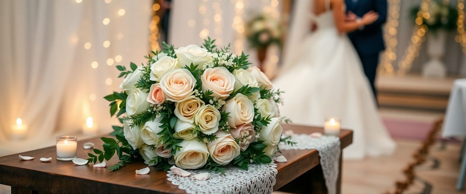 White and peach bouquet on a small table, with two blurred people behind.