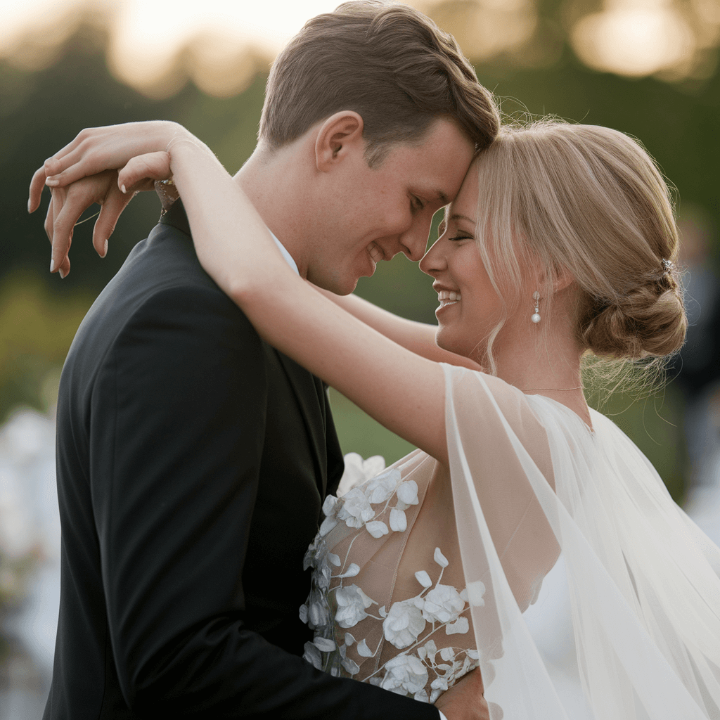 Outdoor Embrace Couple in formal clothing embracing and touching foreheads outdoors.