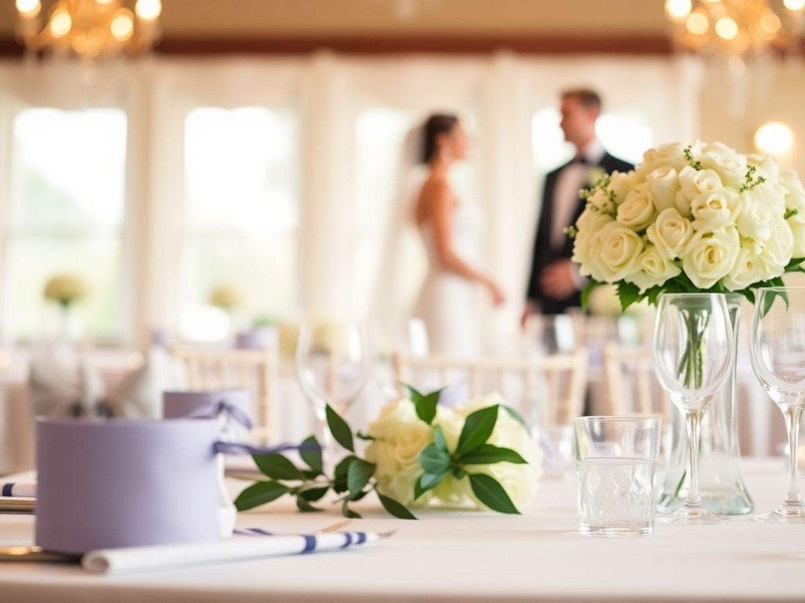 White floral centerpiece on a set dining table, with a blurred couple behind.