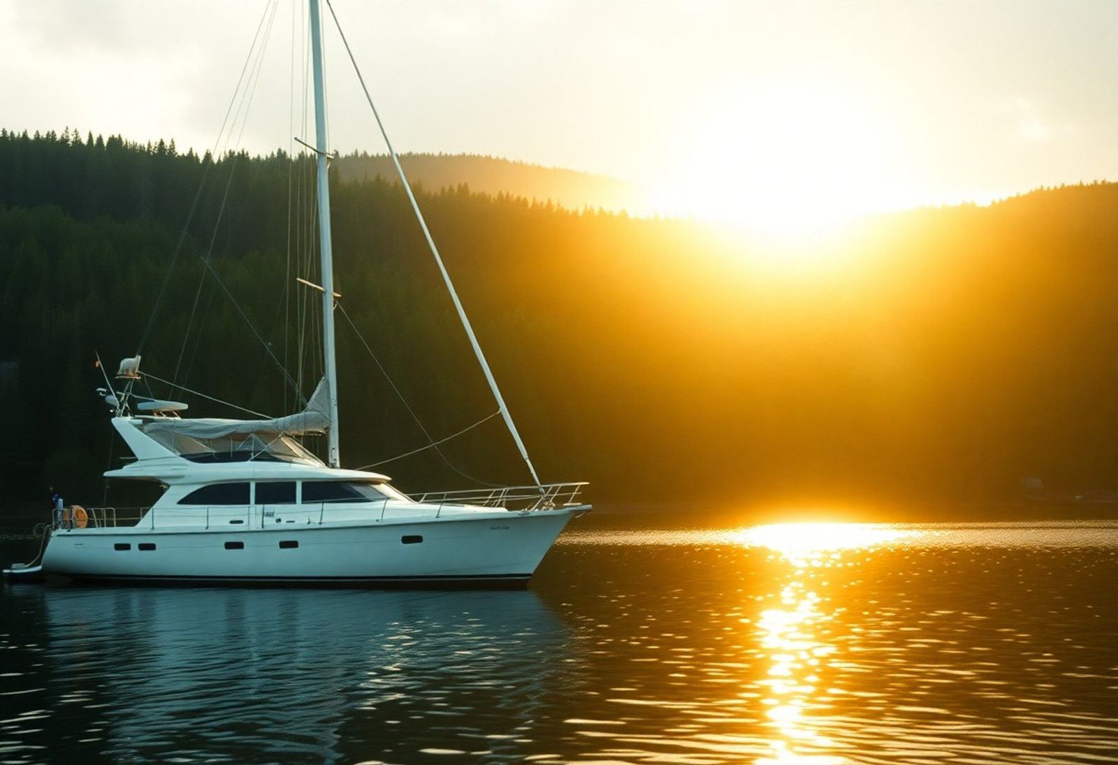 White sailboat on calm water in golden light with wooded shore behind.