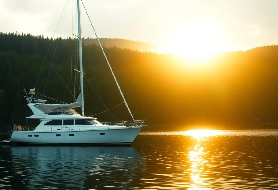Golden Sailboat White sailboat on calm water in golden light with wooded shore behind.