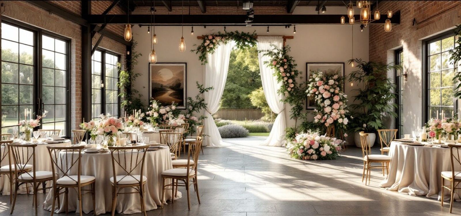 Bright event room with dining tables, flowers, large windows, and a floral arch.
