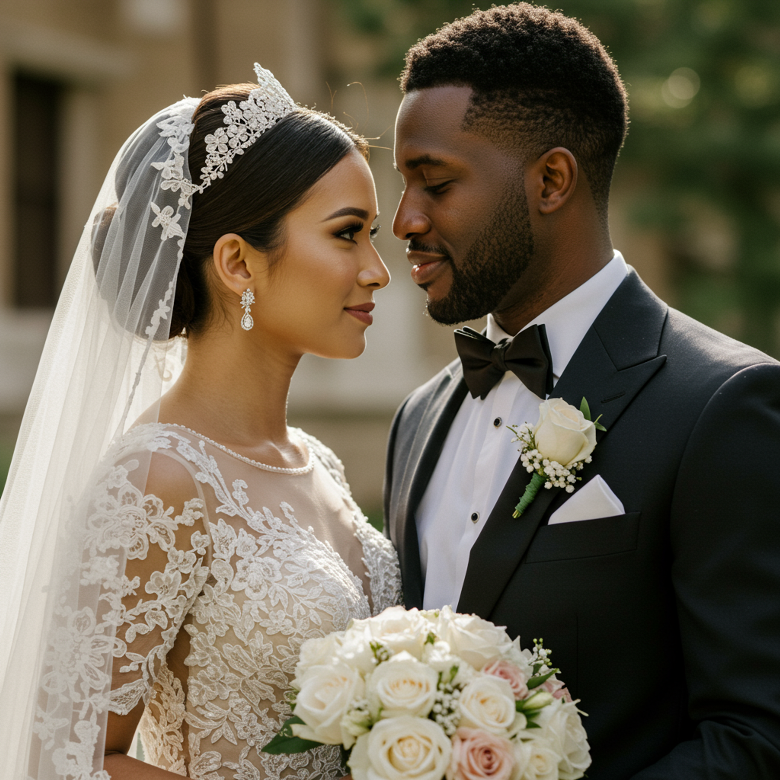 Close portrait of a couple in formal clothing facing each other, one holding a bouquet.