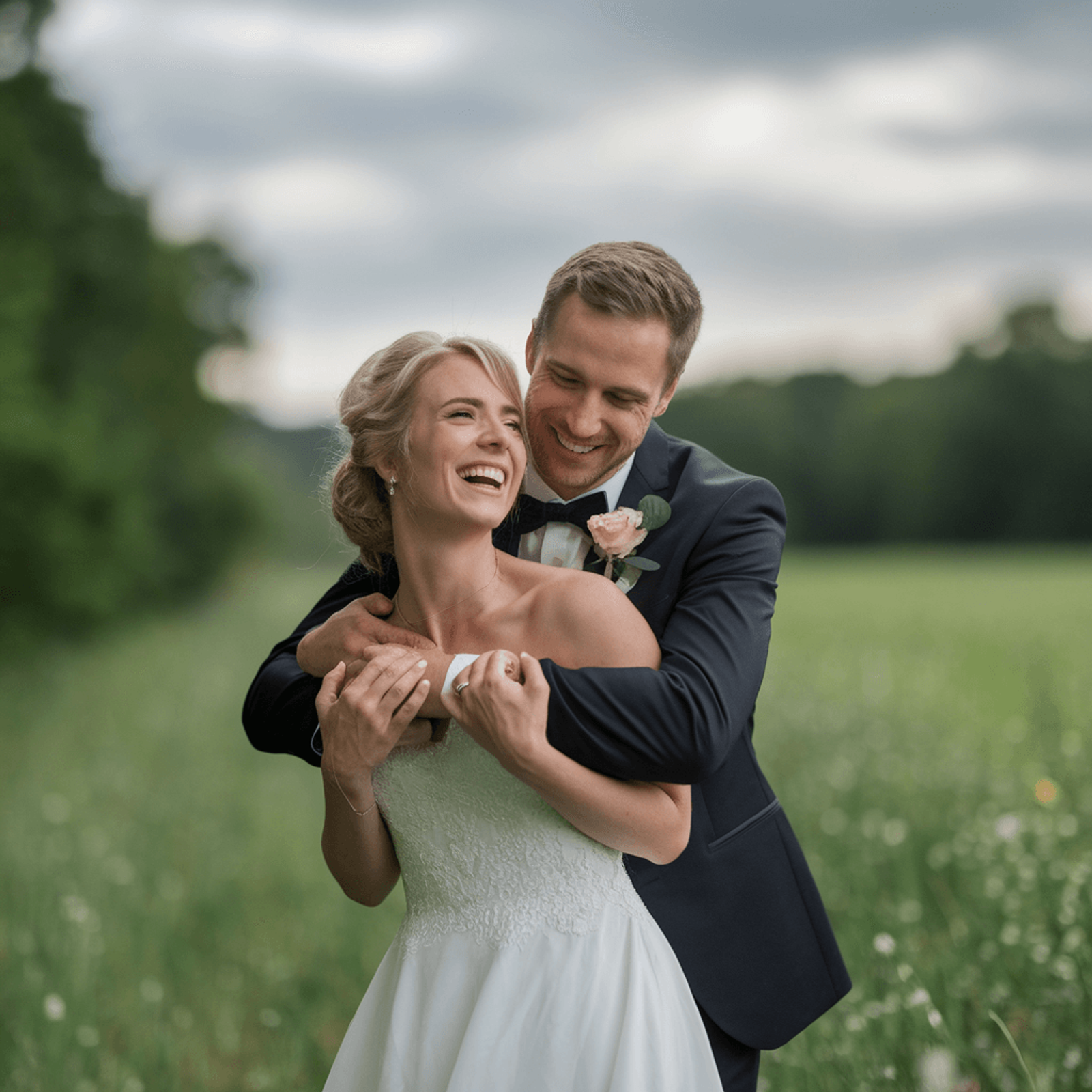 Couple in formal clothing laughing and embracing in a grassy field.