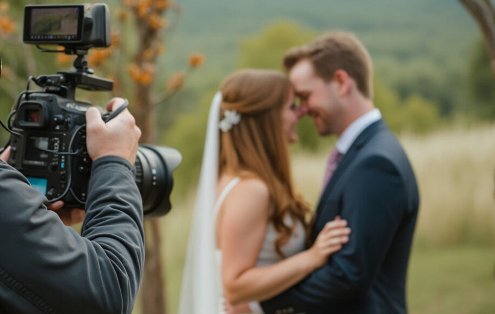 Camera operator filming a couple standing close together outdoors.