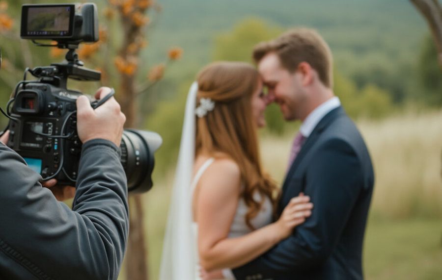 Camera operator filming a couple standing close together outdoors.