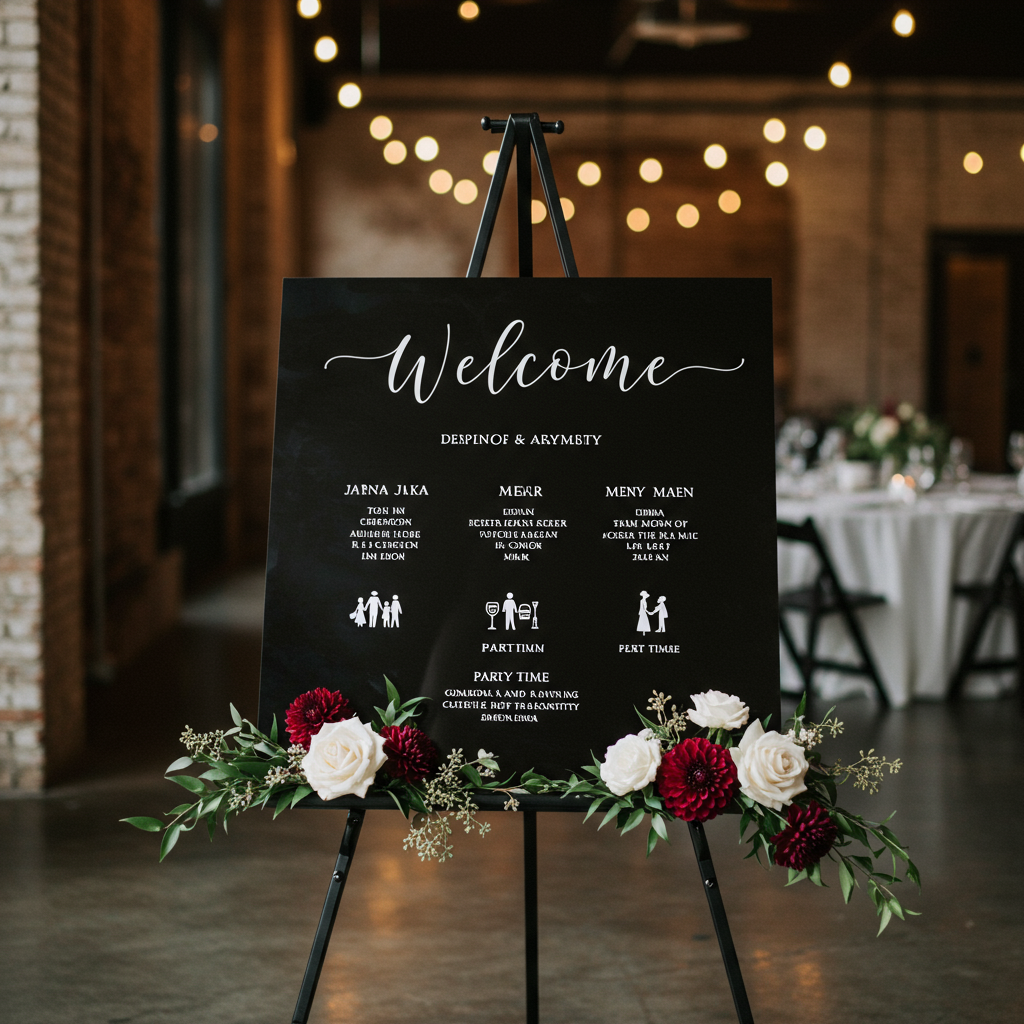 Welcome Sign Black welcome sign on an easel decorated with red and white flowers.