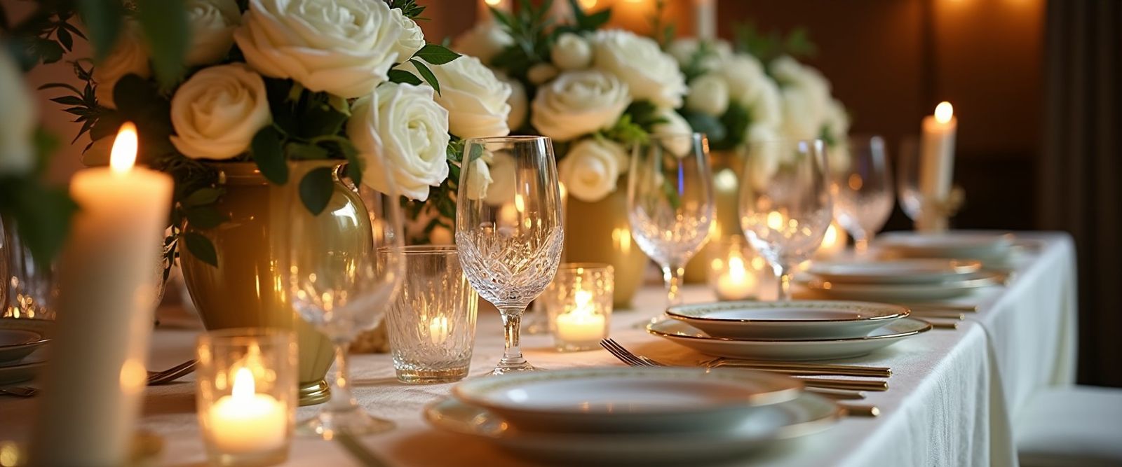 Long dining table set with candles, glassware, flowers, and warm lights.