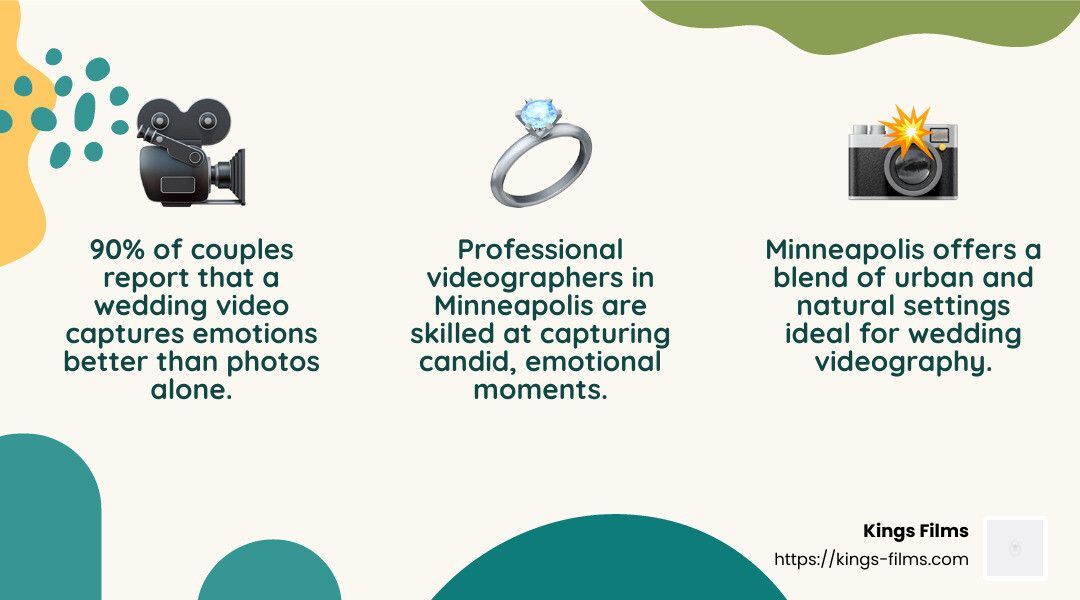 Wedding Video Facts Three-panel infographic about wedding video emotion, videographers, and Minneapolis settings.