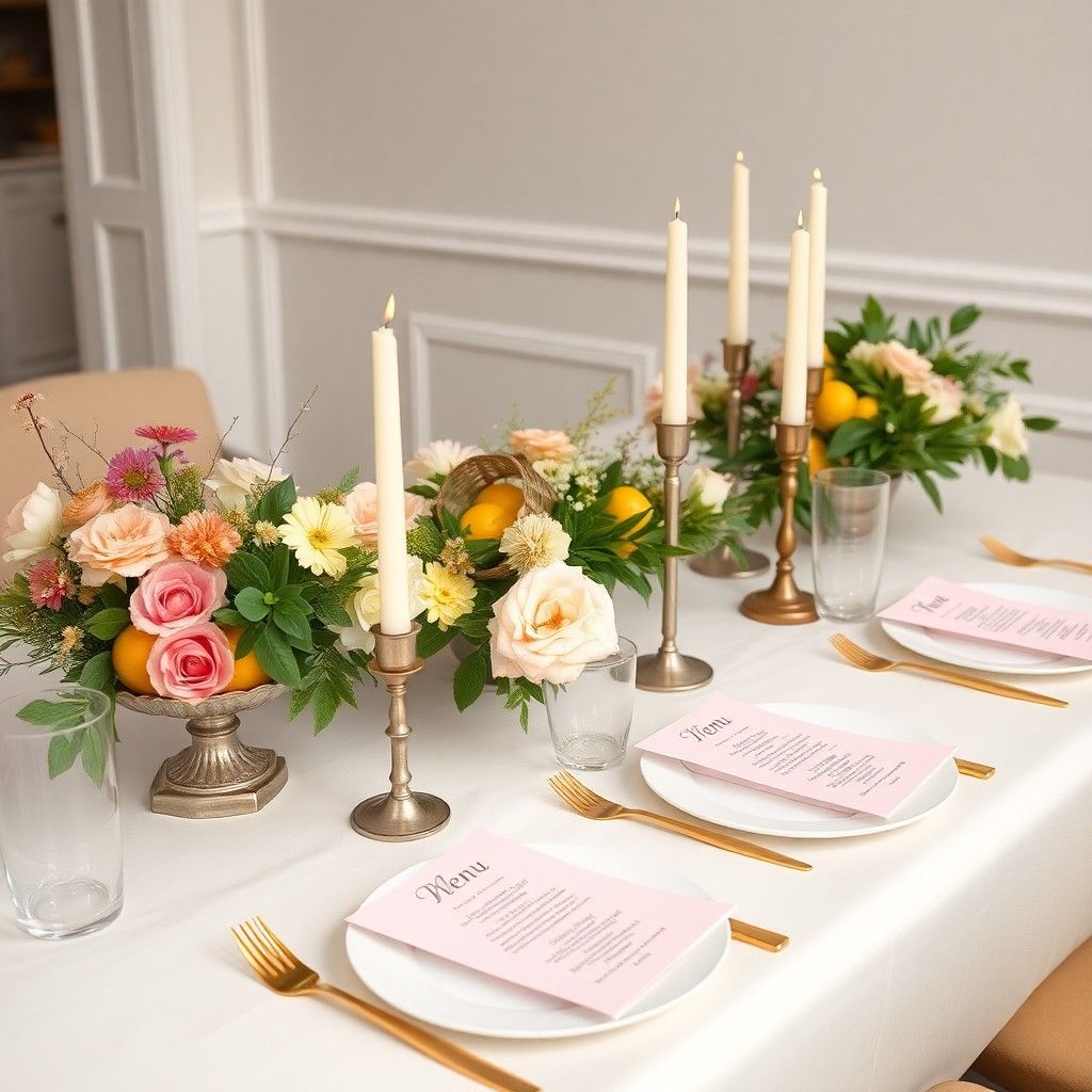 A beautifully set table at a Park Point Beach House wedding features gold cutlery, white plates, pink menus, tall candles in gold holders, and floral centerpieces with roses, dahlias, greenery, and lemons for an elegant and festive arrangement.