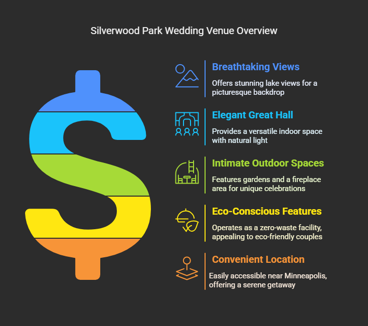 Park Venue Overview Dark infographic lists five features of a park wedding venue.