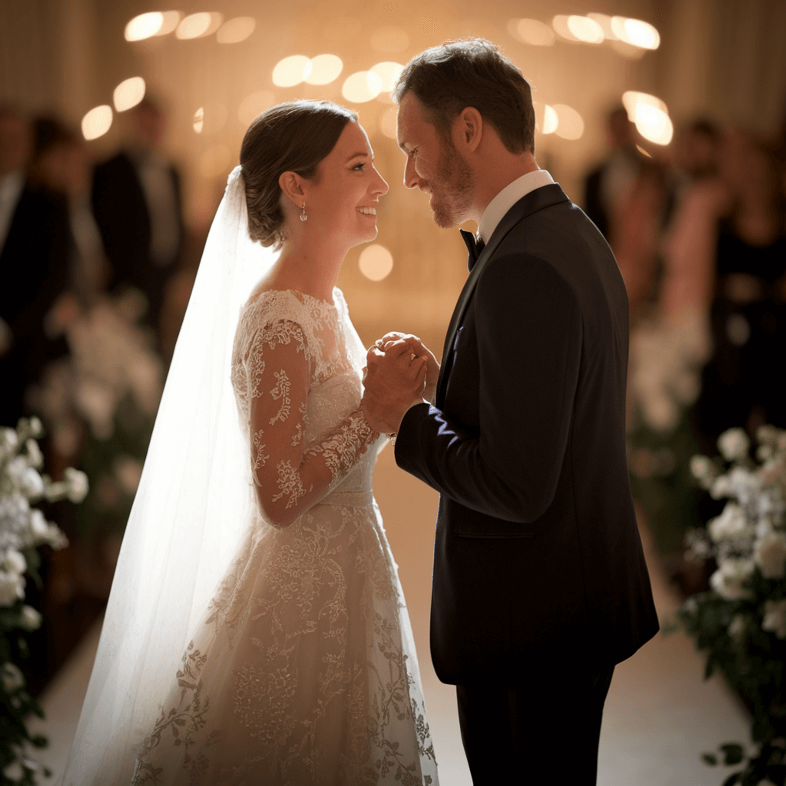 Couple in formal clothing facing each other during an indoor ceremony.