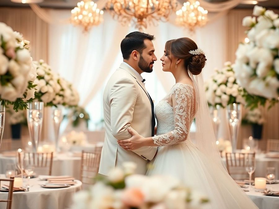 Flowered Event Room Couple in formal clothing standing face to face in a flowered event room.