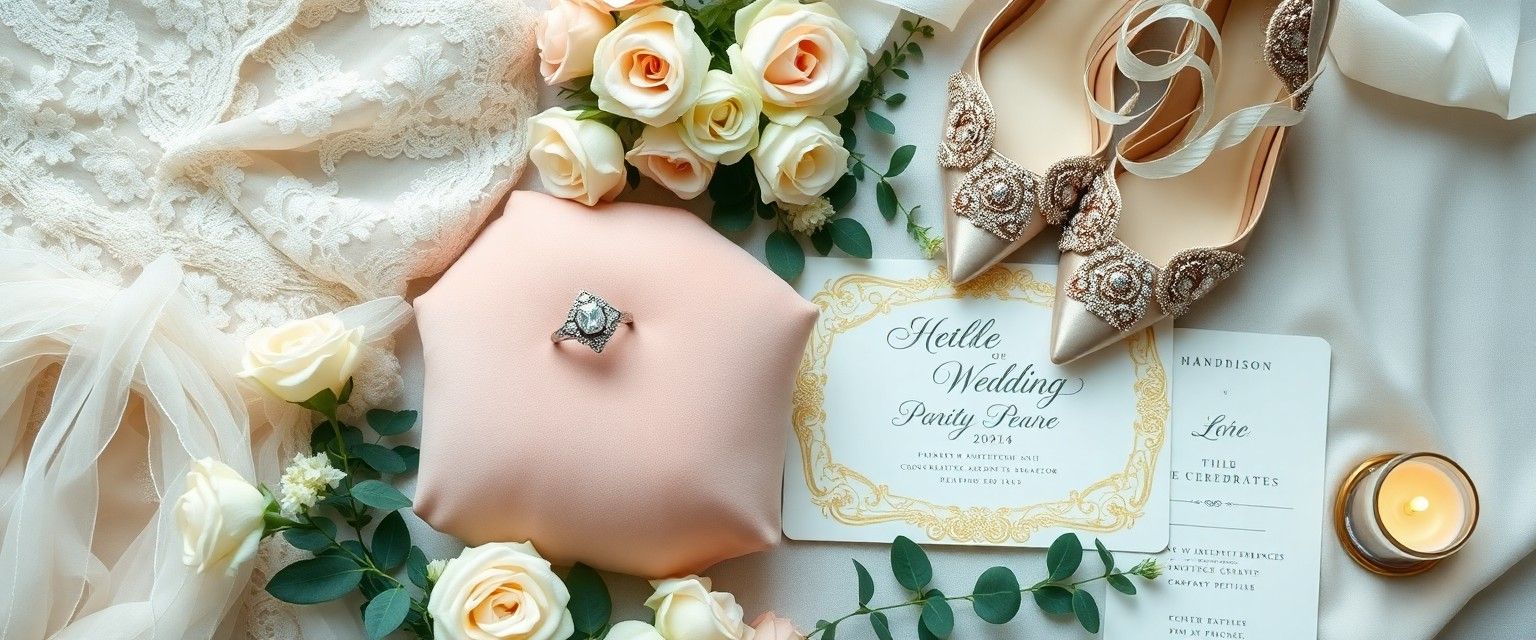 Invitation Flat Lay Flat lay of invitations, flowers, rings, shoes, fabric, and a necklace.