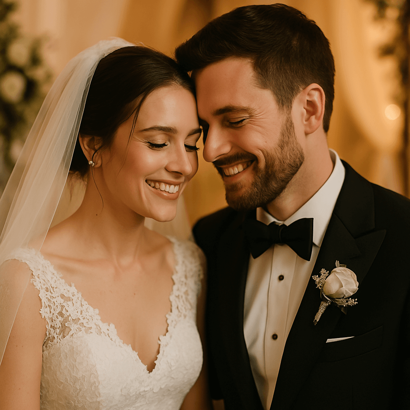 Close portrait of a smiling couple in formal clothing standing together indoors.
