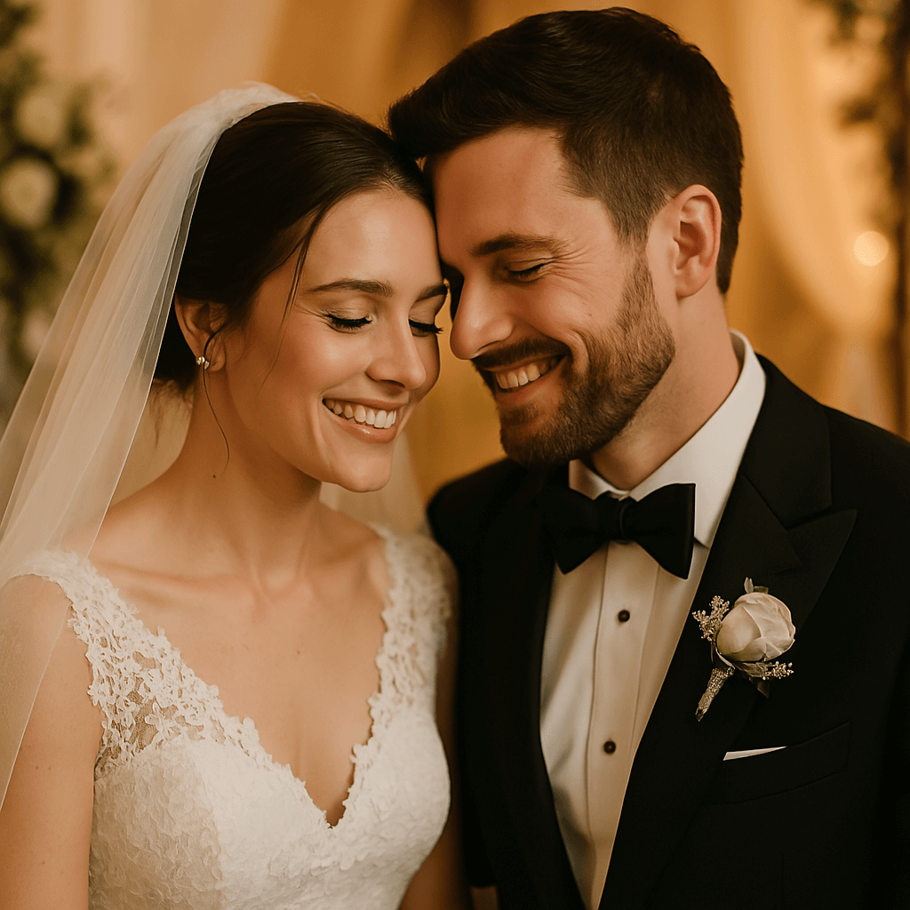 Smiling Indoor Portrait Close portrait of a smiling couple in formal clothing standing together indoors.