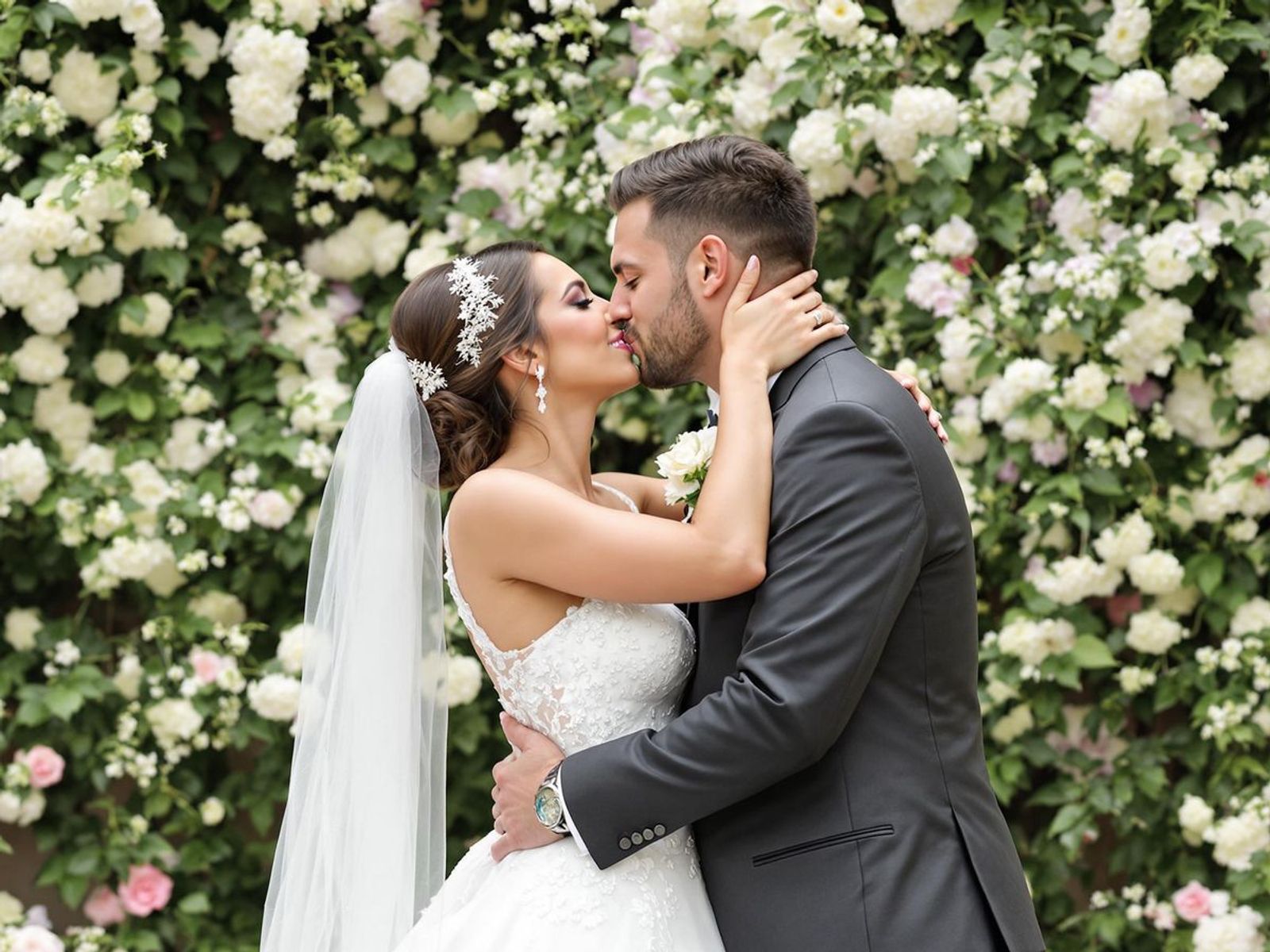 Couple in formal clothing kissing before a wall of white flowers.